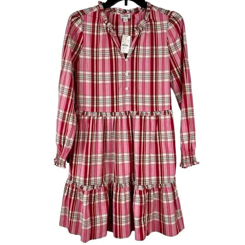NWT J. Crew Plaid Ruffle V-neck Long Sleeve Dress 0
